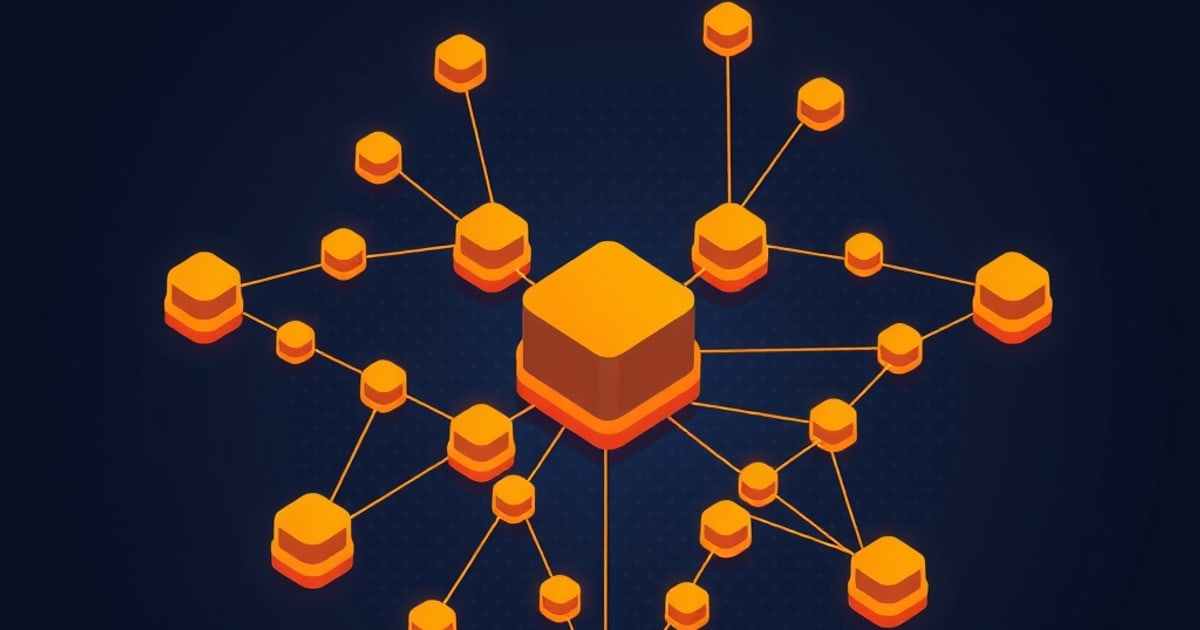 An orange isometric cube at the center of a branching network of connected hexagonal nodes on a dark navy background, representing dependency mapping for an AI bill of materials.
