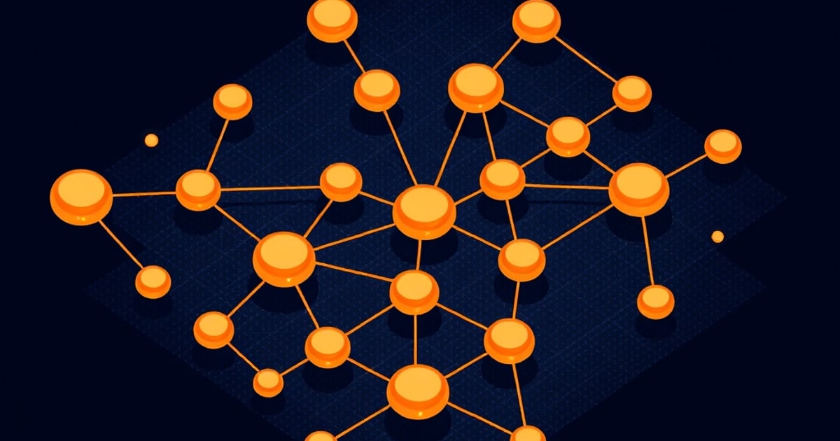 Flat isometric illustration of dozens of orange node discs joined by orange lines into a dense graph over a faint dark navy diamond grid.