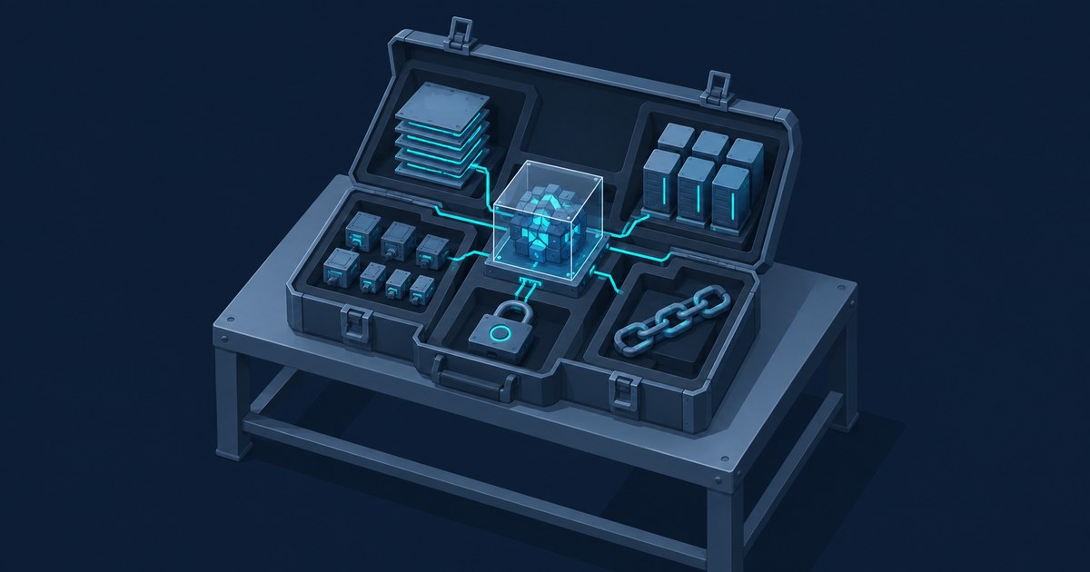A dark isometric security case connects servers and component modules to a glowing AI core, padlock, and chain.