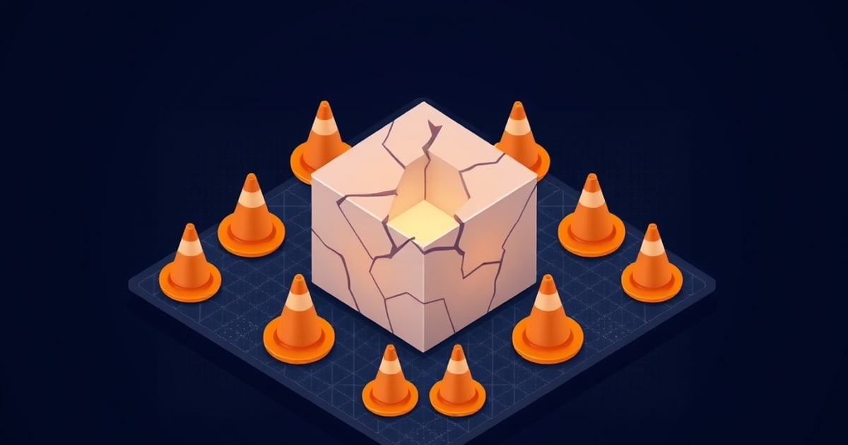 Isometric cracked pale cube glowing from a broken corner, ringed by orange traffic cones on a dark grid, evoking vulnerabilities in an ML stack