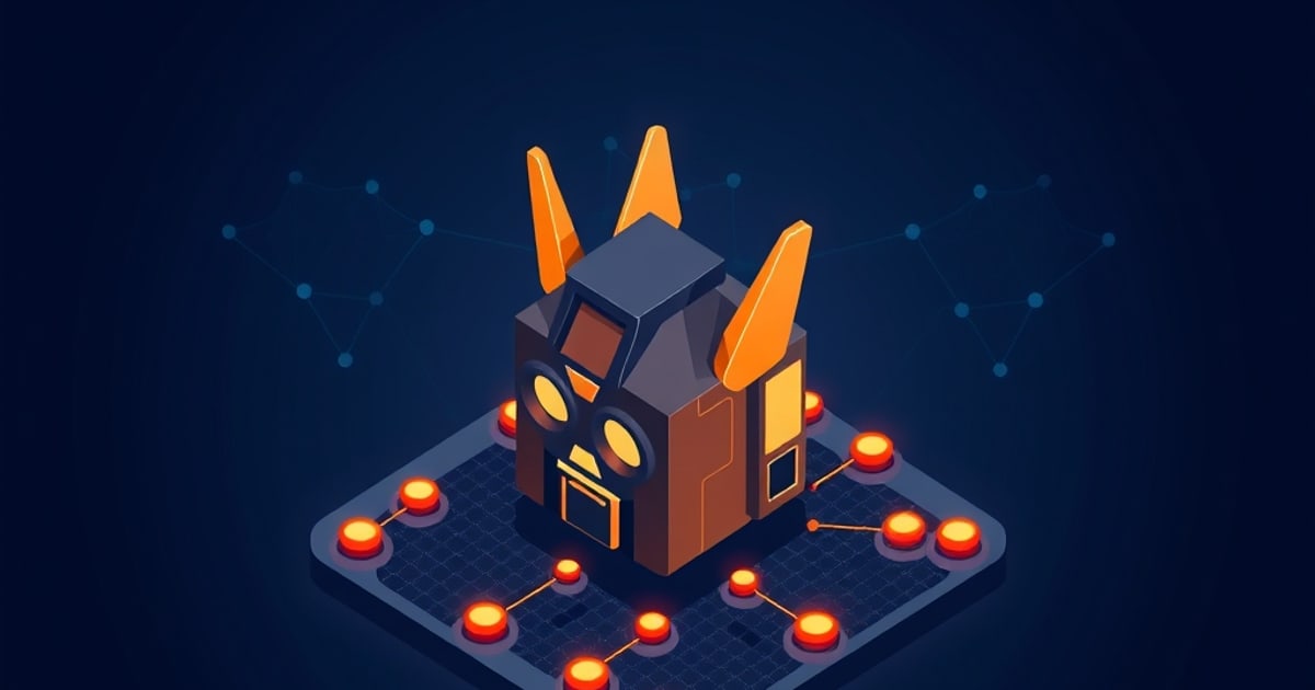 Isometric vector illustration showing interconnected technology components with labels transformers and hub, highlighting supply chain security risks.