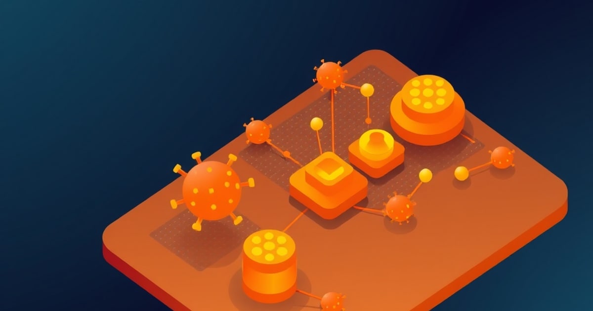 Flat isometric illustration of an orange server board carrying spiked virus spheres, glowing chip blocks and database drums linked by node lines.