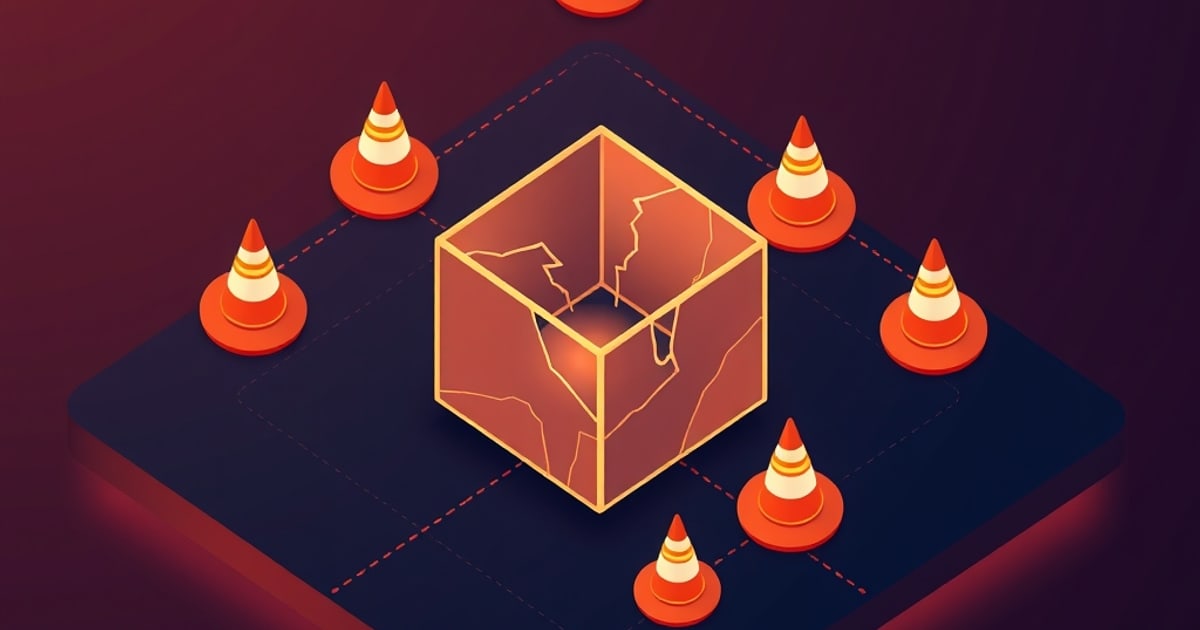 Flat isometric illustration of a hollow amber wireframe cube with cracked, broken faces surrounded by orange traffic cones and dashed red tracks.