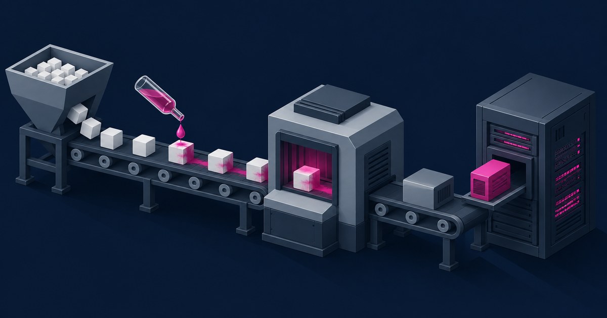 An isometric conveyor carries white data cubes past magenta poison, through a scanning machine, and into a dark server rack.