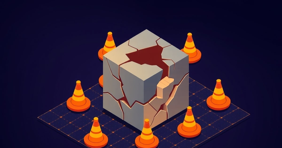 Flat isometric illustration of a cracked grey stone cube split open to a dark red cavity, ringed by orange traffic cones on a dark grid tile.