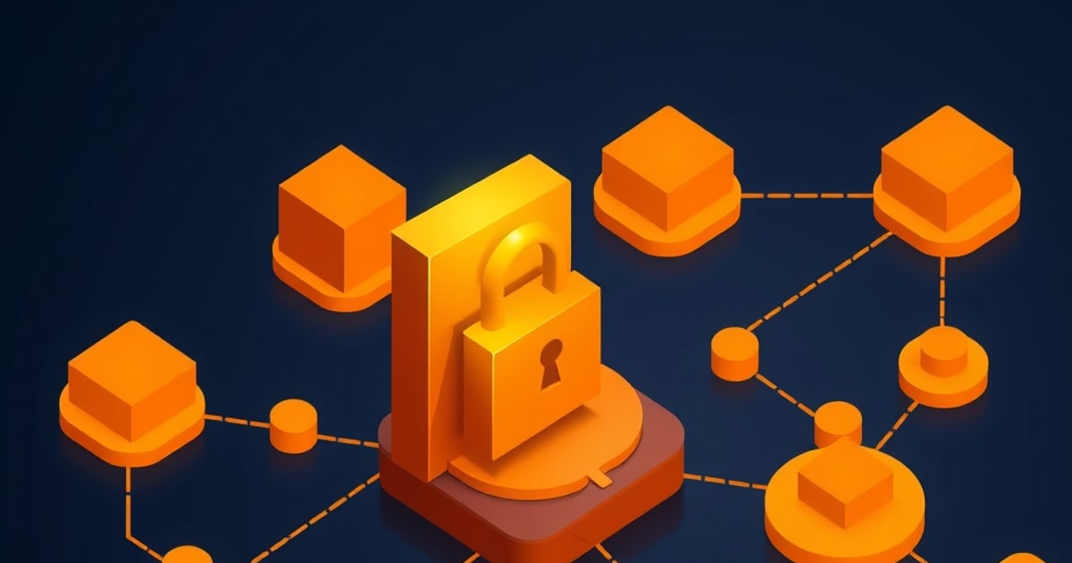 Flat isometric illustration of a gold padlock on an orange pedestal, ringed by orange hexagonal blocks and discs joined by dashed lines on navy.
