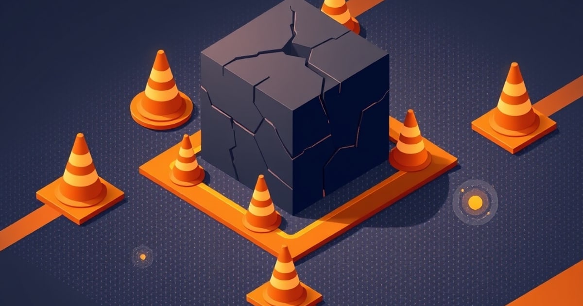 Flat isometric illustration of a cracked dark cube on a grid platform, encircled by orange traffic cones and a raised barrier path